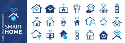 Smart Home Automation System Illustrates Advanced Technology for Home Management, Control, Security Featuring Wireless Connectivity with Mobile Device in Blue Theme