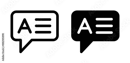 Speech bubble icon set with letter a and text box inside for message forum and information symbol in white and black isolated on white background