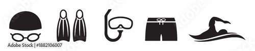 Swimming equipment including cap flippers mask shorts swimmer icon vector illustration for aquatic activity sport and recreation in healthy lifestyle isolated concept