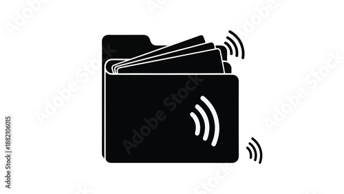 Black folder with Wi-Fi symbol and files transferring wirelessly, representing digital data exchange and connectivity