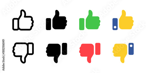 Thumbs up and thumbs down feedback icon set vector illustration for social media and online communication symbol representing like dislike approval disapproval in positive negative