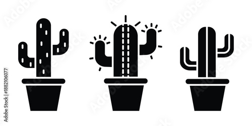 collection of black silhouette cactus and succulent plants in pots isolated on white background.