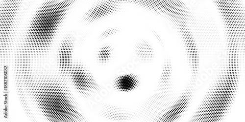 Black radial halftone circles. Dotted sound wave rings. Stippled epicenter, target, radar icon concept. Ripple concentric signal vibration element. Vector round dashed and dotted gradient pattern