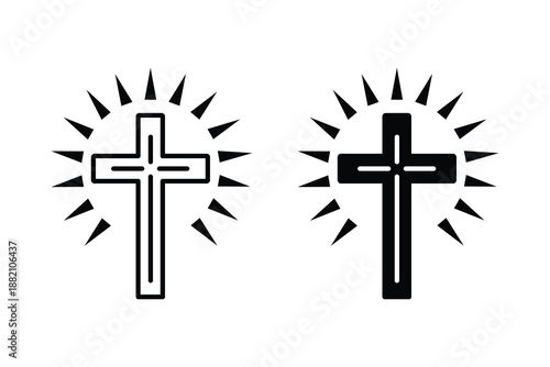 Christian cross icon set in outline and solid Vector. Cross in sunburst icon.