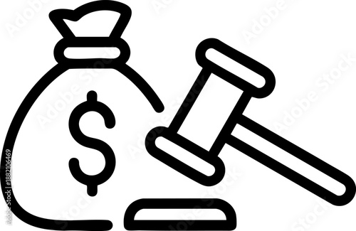 Financial Law Icon | Money Bag with Gavel Vector for Legal, Auction, and Business Finance Design