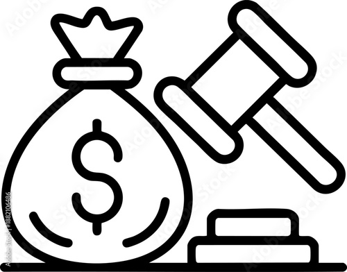 Financial Law Icon | Money Bag with Gavel Vector for Legal, Auction, and Business Finance Design