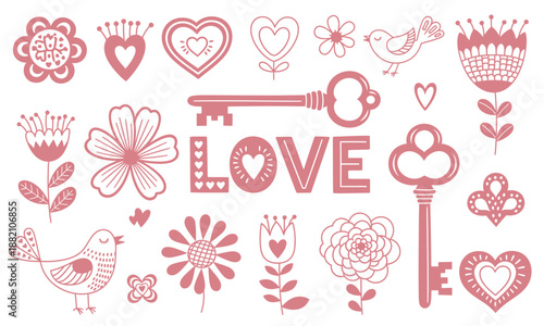 Valentine's day symbols and icons love hearts flowers and keys on white background for valentine's day celebration
