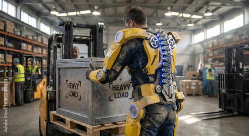 Industrial robotic exoskeleton suit on worker lifting heavy crate in warehouse