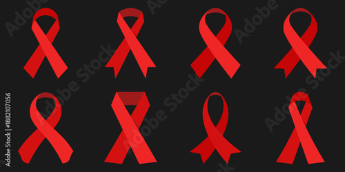 Red Awareness Ribbon Collection Vector Icons Set