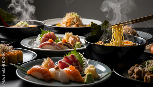 Restaurant style Japanese meal display showing ramen bowls, sushi selections, sashimi cuts, chopsticks, and condiments arranged neatly on a dark tabletop with soft background lighting.