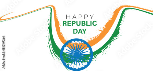 Happy Republic Day India Banner with Artistic Brush Stroke Tricolor Wave and Ashoka Chakra