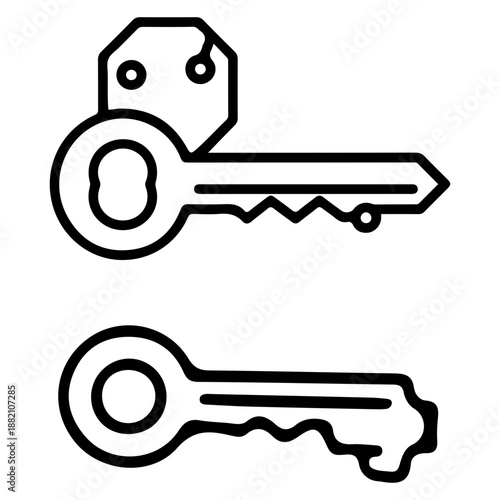 Two keys vector icon: line art illustration of traditional house key and modern digital smart key. Security, access, and locking mechanism symbol.