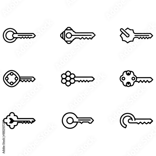 Key icons set. Vector outline collection of door, car, house, and skeleton keys. Security, access, and lock line art symbol pack.