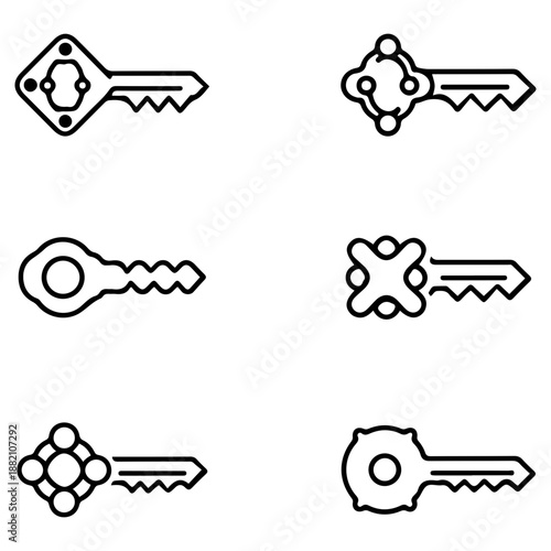 Modern abstract key icons set - minimalist black line art vector collection for security, access, and technology concepts