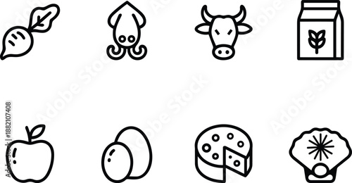 Collection of eight distinct food and farm product icons in a clean outline design style on a transparent background