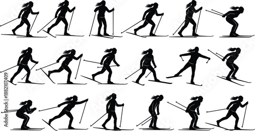 Black female cross country skiing silhouette set showing nordic ski motion, pole techniques, and winter sport action isolated on white background for outdoor fitness concepts