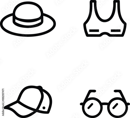 Collection of four outline icons representing a wide brim hat bikini top baseball cap and round eyeglasses isolated on transparent background