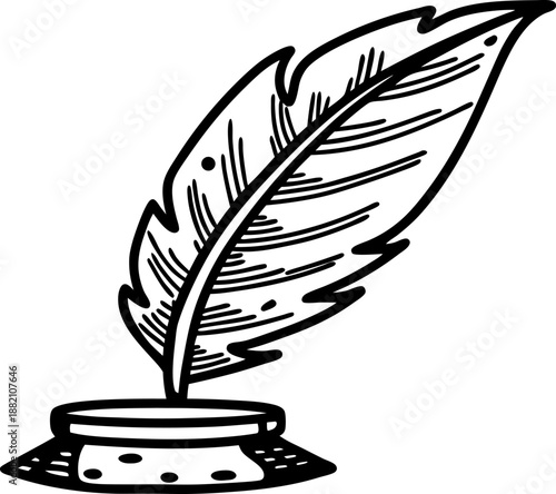 Quill pen with inkpot vintage writing tool in black and white sketch drawing