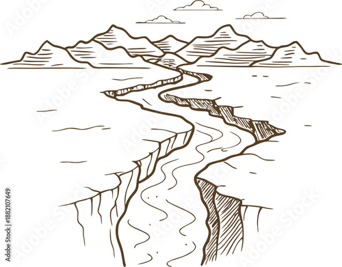 Rift valley geological formation with a river flowing through cracks and mountains in the background