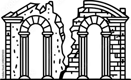 Ancient ruins with broken arches and crumbling stone columns in classical architectural