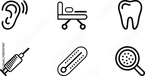 Collection of six medical icons representing healthcare and treatment symbols isolated on transparent background
