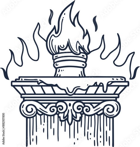 Olympic torch flame burning brightly on classical column top with decorative details