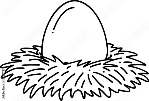 single egg resting in a detailed bird nest illustration with simple black line art