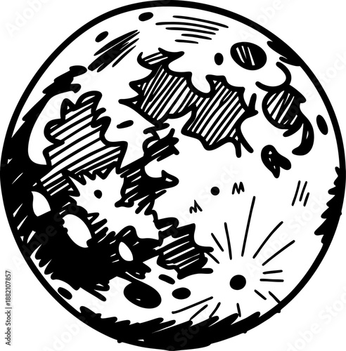 hand drawn lunar moon illustration with craters and surface textures in black and white
