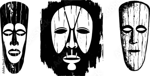 Traditional tribal wooden masks illustration set, carved face designs, ethnic cultural art symbols