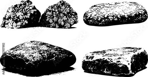 black and white illustration of four different shaped stones with textured surfaces