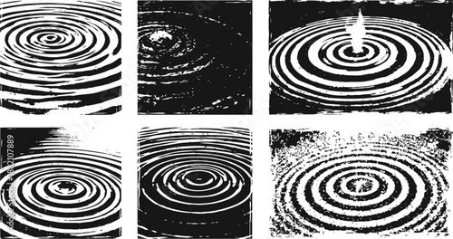Water ripple effects in black and white circular wave patterns with drops and disturbances on surface