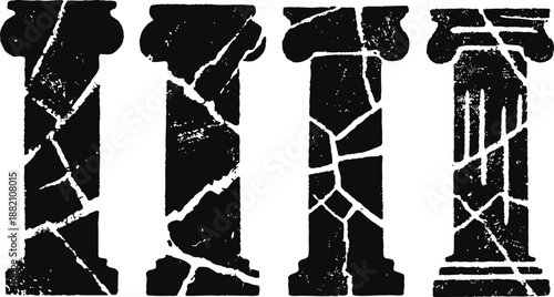 Four ancient cracked columns silhouettes, architectural ruins and classic stone pillars