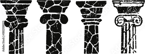 Ancient classical stone columns with cracked texture, historic architecture elements collection
