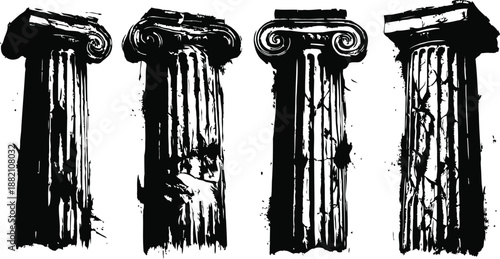 Grunge illustration of four damaged classical columns with cracks and erosion