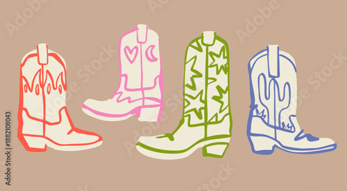 Various cowboy boots. Different ornaments. Wild West Clipart icons. Fire, flame, stars, cactus, heart, crescent prints. Hand drawn colorful Vector set. Isolated design elements