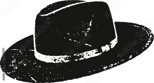 Black wide brimmed hat with simple decorative band silhouette isolated on white background