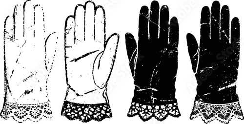 vintage lace gloves illustration showing front and back views in black and white