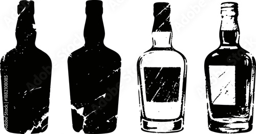 Silhouettes of four rustic glass liquor bottles with distressed textures