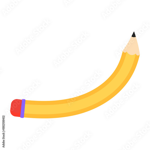Yellow Flexible Curved Pencil with Eraser Flat Vector Icon