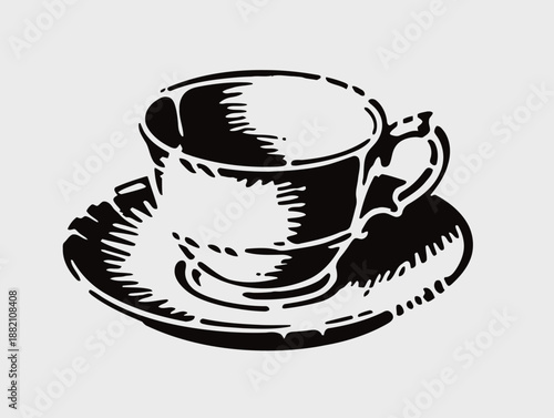 Vintage teacup and saucer illustration black and white classic porcelain cup design