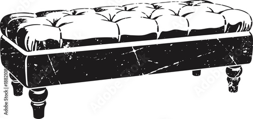 Vintage tufted ottoman bench with wooden legs, classic upholstered furniture seat