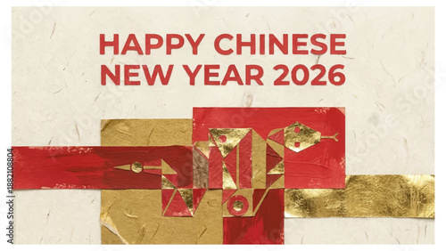 Happy chinese new year 2026 celebration greeting card with red and gold decorations on beige background