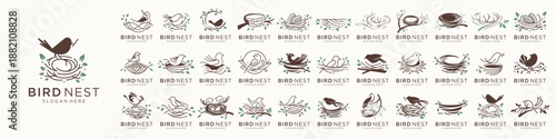 mega bundle set of bird's nest logos. collection bird vector, eggs, roots line and nests house line design elements template.