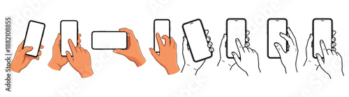 Hands Holding Smartphones Black-and-White Vector Set on png Background, hands holding phones, smartphone interaction, mobile device mockup, touchscreen gesture, user interface preview, phone in hand,