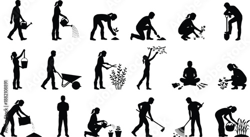 Black gardening and planting silhouette set showing people watering, digging, pruning, and caring for plants isolated on white background for gardening, agriculture, and eco lifestyle concepts