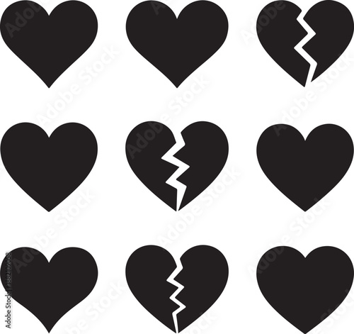 black heart shapes in various states of being broken