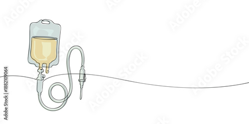 Illustration of an IV drip bag with tubing, representing intravenous therapy, hospital treatment, patient care, and medical infusion