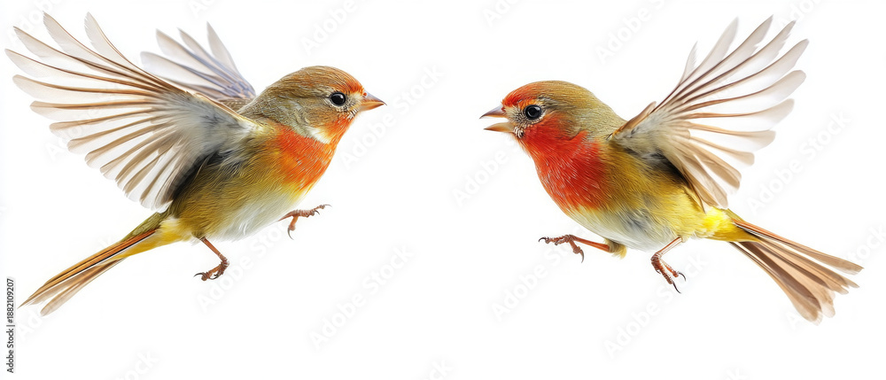 Fototapeta premium Two bright birds with outstretched wings in flight emphasise dynamism and freedom, making them ideal as a background for environmental posters or covers for books about nature.