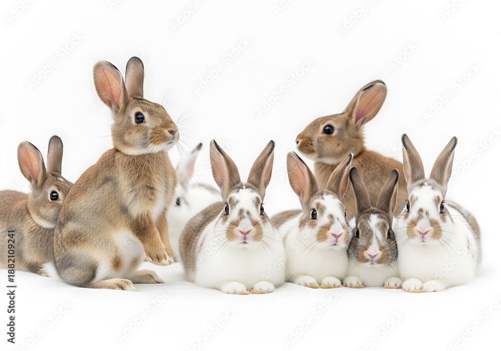 Obraz premium Cute and cuddly baby rabbits gathering together on a bright white background.