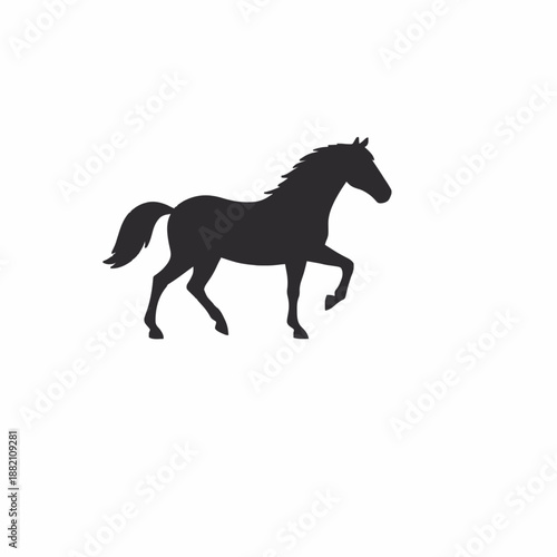 A black silhouette of a horse running on a white background